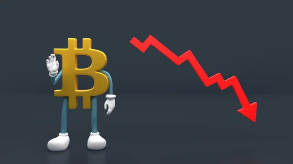 many BitCoin stack and red arrows down . Bitcoin value rising down BTC price fall drop Concept. The bitcoin character waves goodbye . 3D rendering