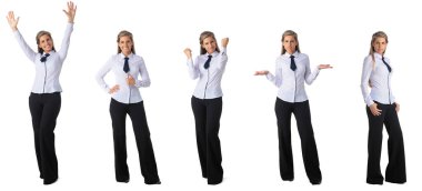 Kolaj Beyaz arka planda izole edilmiş iş kadınlarının tam boy duygusal portreleri