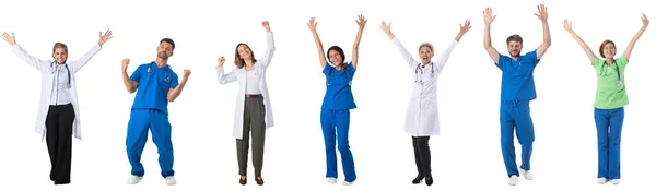 Conjunto Retratos Completos Médicos Enfermeiros Equipe Médica Com Braços Levantados — Fotografia de Stock