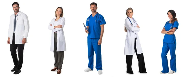 Set Full Length Portraits Doctors Nurses Medical Staff Isolated White — Stock Photo, Image