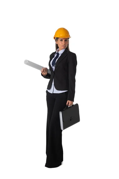 Retrato Arquiteto Engeneer Fêmea Chapéu Duro Amarelo Terno Negócios Segurando — Fotografia de Stock