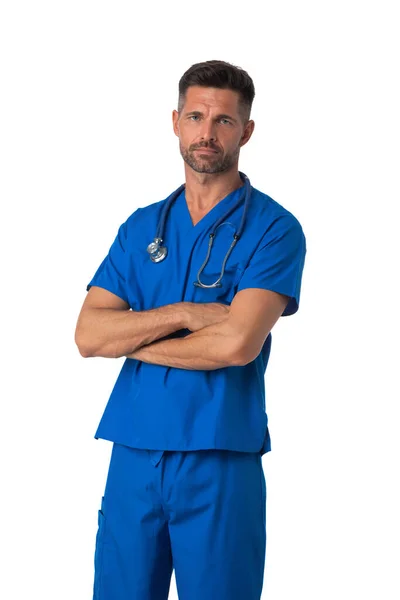 Infirmière Masculine Uniforme Bleu Avec Stéthoscope Debout Avec Bras Croisés — Photo