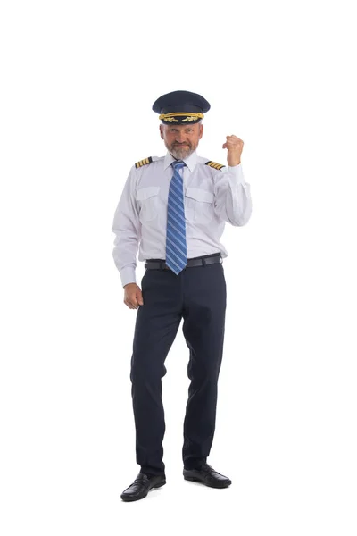Piloto Línea Aérea Comandante Aeronave Sosteniendo Puño Mostrando Gesto Aislado —  Fotos de Stock