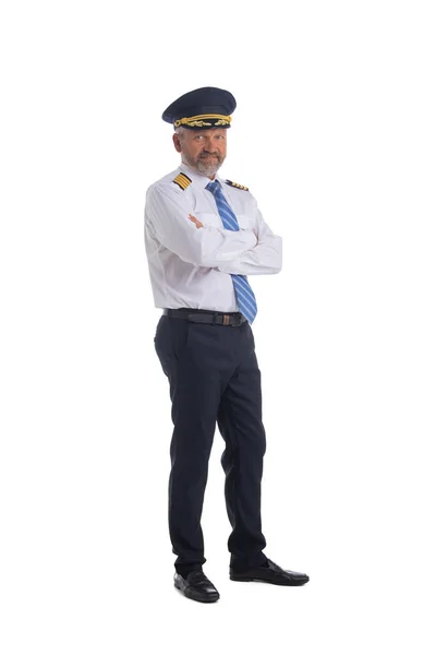 Retrato Piloto Avião Confiante Isolado Fundo Branco Comprimento Total — Fotografia de Stock
