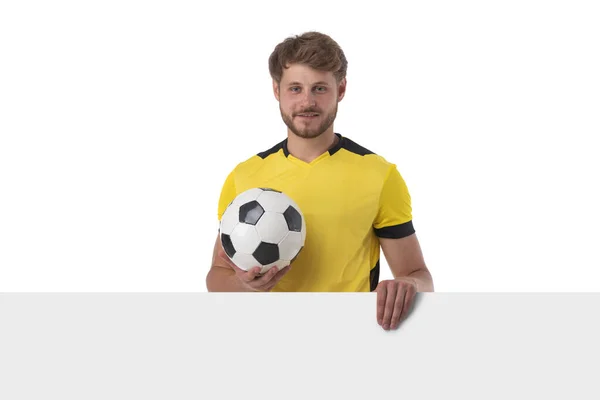 Retrato Jogador Futebol Apresentando Banner Vazio Isolado Sobre Fundo Branco — Fotografia de Stock