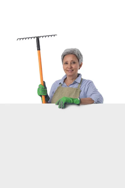 Mature Asian Woman Gardener Rake Standing Blank Banner Empty Copy — Stock Photo, Image