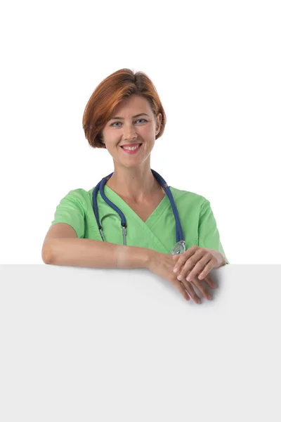 Medical Doctor Woman Smile Stethoscope Hold Blank Card Board Copy — Stock Photo, Image