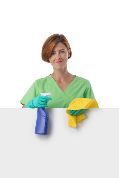 Una Señora Limpieza Con Trapo Mano Sostiene Spray Ambientador Concepto — Foto de Stock