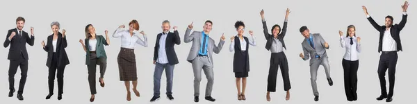 Conjunto Gente Negocios Retratos Cuerpo Entero Brazos Levantados Fondo Gris —  Fotos de Stock