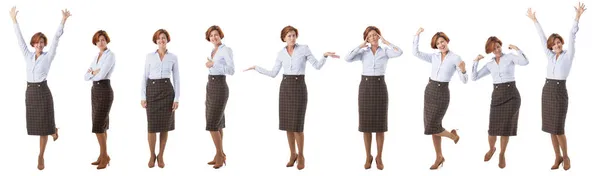 Collage Set Full Length Emotional Portraits Business Woman Isolated White — Stock Photo, Image