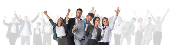 Μεγάλη Και Πολύ Ευτυχισμένη Επιχειρηματική Ομάδα Χέρια Σηκωμένα Απομονωμένα Λευκό — Φωτογραφία Αρχείου