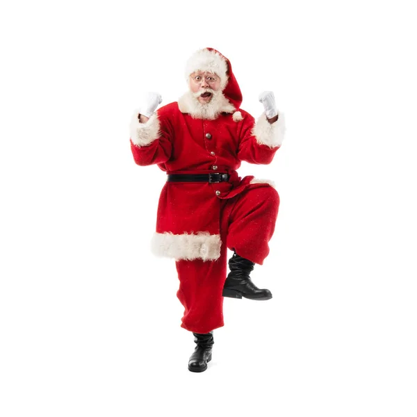 Szczęśliwy Święty Mikołaj Świętujący Trzymanie Pięści Powietrzu Odizolowany Białym Tle — Zdjęcie stockowe