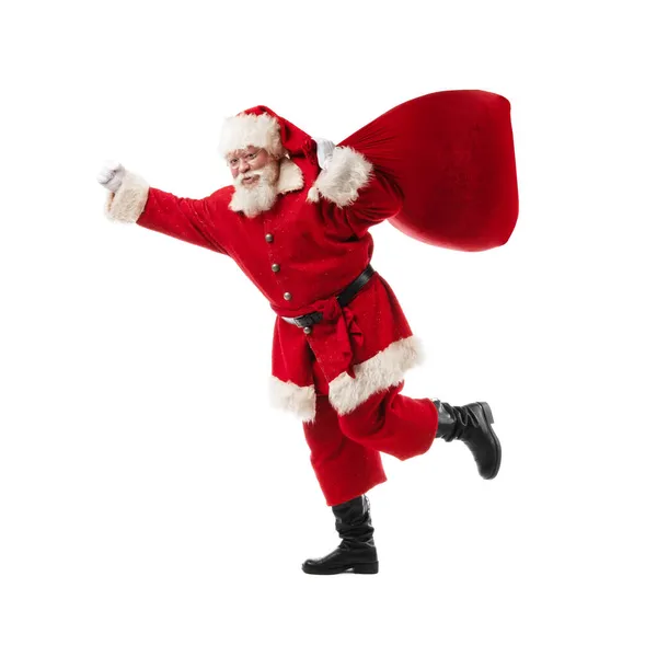 Święty Mikołaj Dużą Torbą Białym Tle Zabawny Mikołaj Rzucać Duży — Zdjęcie stockowe