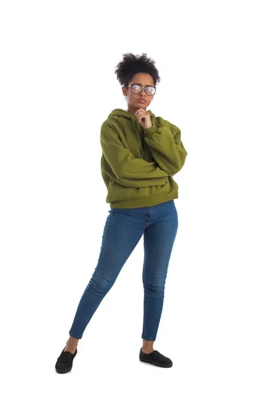 Thoughtful Black Woman Wearing Casual Clothes Full Length Portrait Isolated — Stock Photo, Image
