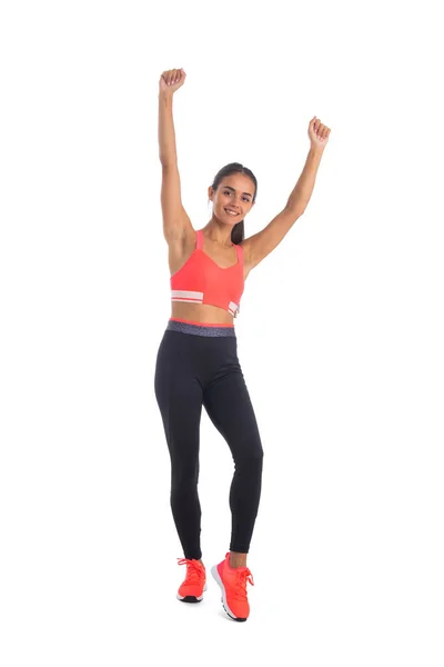 Esporte Fitness Mulher Animado Sorriso Feliz Segurar Braços Levantados Mãos — Fotografia de Stock
