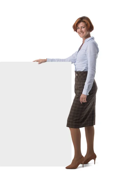 Full Length Portrait Beautiful Redhead Business Woman Holding Blank Sign — Stock Photo, Image