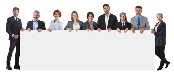 Geschäftsleute Gruppe Mit Leerem Banner Isoliert Über Weißem Hintergrund Volle — Stockfoto