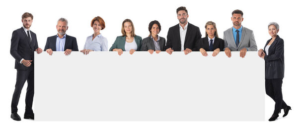 Business people group with blank banner isolated over white background, full length