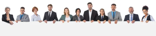 Business Team Con Grande Banner Vuoto Isolato Sfondo Bianco Copia — Foto Stock