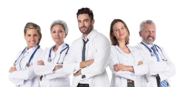 Şçi Üniformalı Başarılı Tıp Doktorlarından Oluşan Bir Ekip Beyaz Arka — Stok fotoğraf