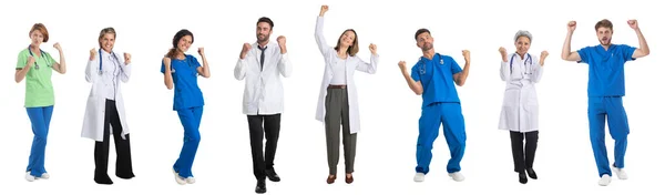 Coleção Retratos Completos Médicos Felizes Torcendo Com Mãos Levantadas Segurando — Fotografia de Stock