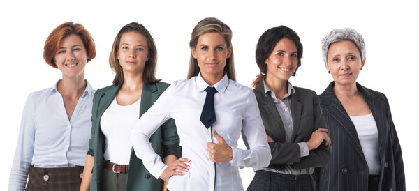 Female business team on white women only isolated on white background, success, thumb up