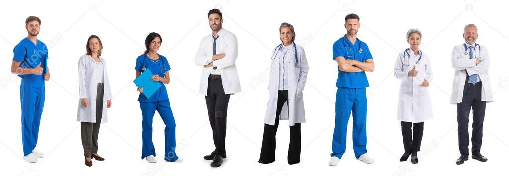 Collection of full length portraits of medical doctors and nurses, design element, studio isolated on white background