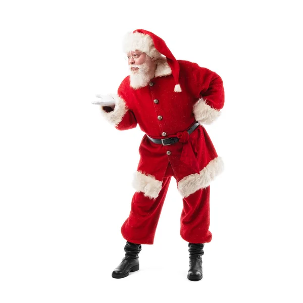 Natal Papai Noel Mostrando Produto Com Palma Mão Isolada Sobre — Fotografia de Stock