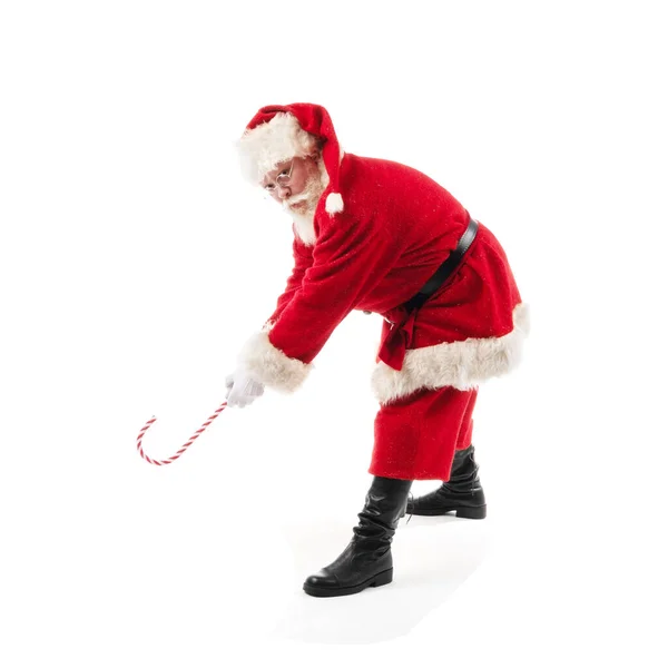 Natal Santa Claus Golfista Golfe Com Cana Açúcar Isolado Fundo — Fotografia de Stock