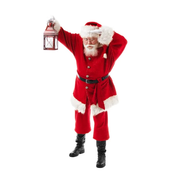 Papai Noel Com Lanterna Isolada Sobre Fundo Branco — Fotografia de Stock