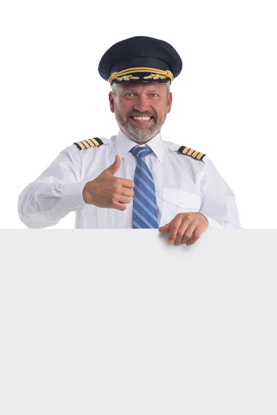 Porträt Eines Glücklich Lächelnden Piloten Hält Leeres Banner Isoliert Auf — Stockfoto