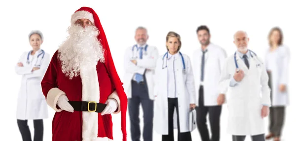 Jultomten Och Läkare Team Jul Grattis Vinter Försäljning Koncept — Stockfoto