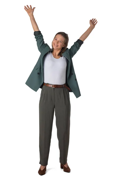 Повнометражний Портрет Успішної Молодої Бізнес Леді Яка Піднімає Руки Радості — стокове фото