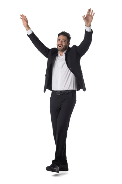 Счастливый Бизнесмен Поднятыми Руками Контекст Успеха Изолированный Белом Фоне — стоковое фото