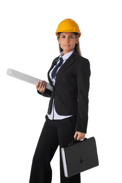 Female Business Woman Architect Suit Yellow Hardhat Holding Blueprints Isolated — Stock Photo, Image