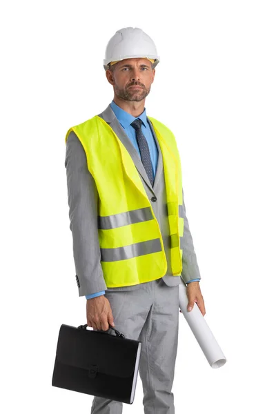 Male Construction Architect Formal Suit Hardhat Rolled Blueprints Looking Camera — Stock Photo, Image