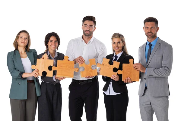 Gruppe Von Geschäftsleuten Montage Puzzle Isoliert Auf Weißem Hintergrund — Stockfoto