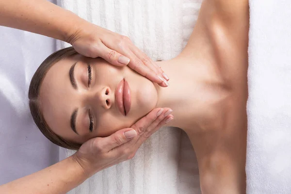 Releasing Stress Top View Beautiful Young Woman Lying Back While — Stock Photo, Image