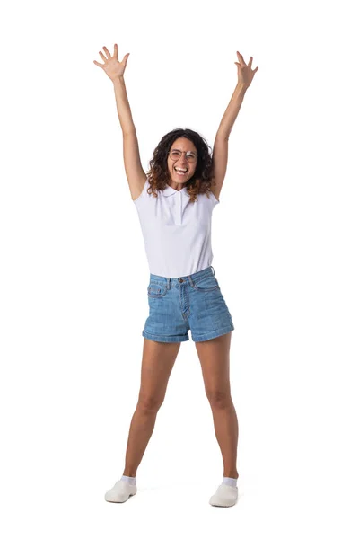 Retrato Mulher Feliz Alegre Com Cabelo Encaracolado Óculos Isolados Fundo — Fotografia de Stock