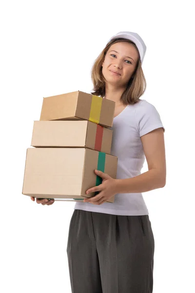 Retrato Partera Gorra Blanca Camiseta Que Cajas Pedido Aisladas Sobre — Foto de Stock