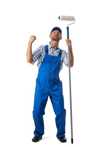 Midden Volwassen Professionele Huisschilder Man Uniform Met Verfroller Geïsoleerd Witte — Stockfoto