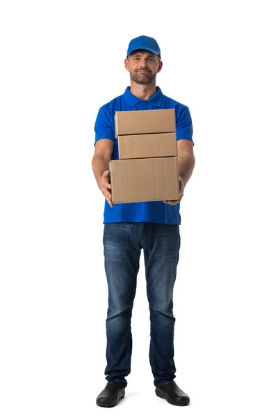 Delivery Man Κουτιά Απομονώνονται Λευκό Φόντο — Φωτογραφία Αρχείου