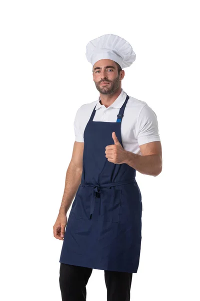 Retrato Del Alegre Cocinero Alegre Boina Delantal Mirando Cámara Aislada — Foto de Stock