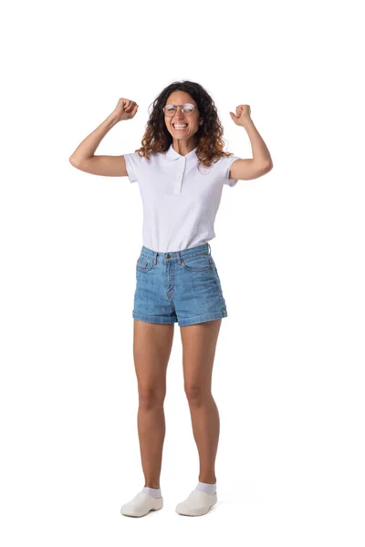 Retrato Alegre Mujer Feliz Con Pelo Rizado Gafas Aisladas Sobre —  Fotos de Stock