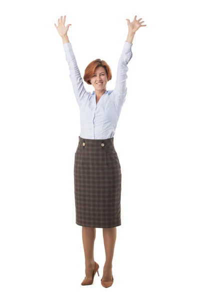 Полный Портрет Счастливой Деловой Женщины Поднятыми Белом Фоне Руками — стоковое фото