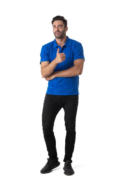 Full Length Portrait Casual Young Man Standing Showing Thumb Isolated — Stock Photo, Image