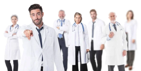 Médico Apuntando Usted Equipo Médicos Fondo — Foto de Stock