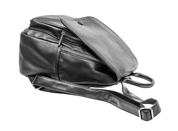 Black leather backpack on a white background. — Stock Photo, Image