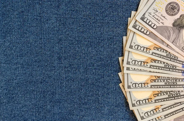 Stack Money Background Denim Banknotes Partially Visible — Stockfoto