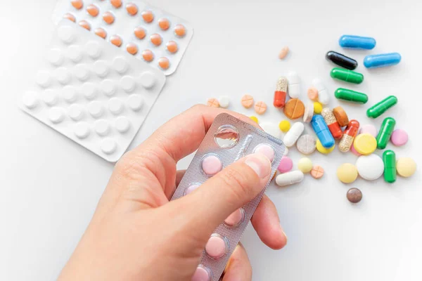 Hand Chooses Pill Sticker Treatment Health — Stok fotoğraf